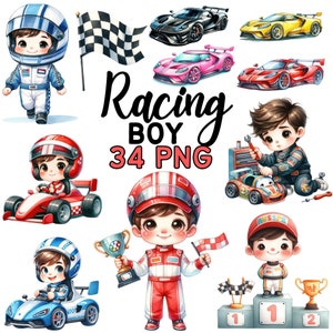 Aquarel schattige racejongen clipart, raceauto kinderkamer decor sublimatie, kinderen jongen sport auto's verjaardag thema bundel, geblokte vlag png