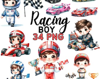 Watercolor Cute Racing Boy Clipart, Race car Nursery Decor Sublimation, Kids Boy Sport Cars Birthday Theme Bundle, Checkered Flag Png
