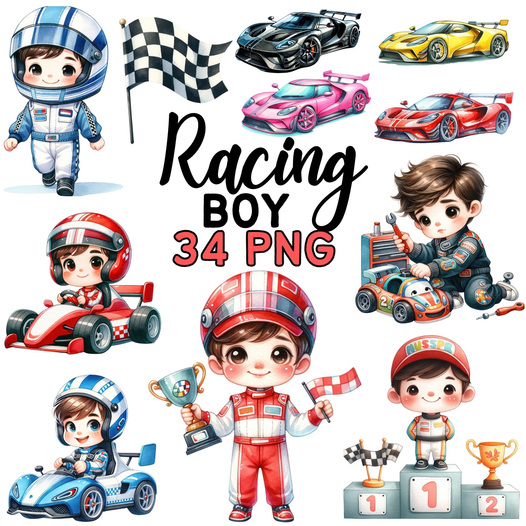 Car Racing Boy Standee Graphics Watercolor Cute Racing Boy Clipart, Race Car Nursery Decor Sublimation ...