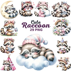 Cute Raccoon Clipart, Watercolor Raccoon Nursery Decor, Woodland Animal, Adorable Raccoon Birthday Baby Shower Bundle Png