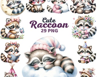 Cute Raccoon Clipart, Watercolor Raccoon Nursery Decor, Woodland Animal, Adorable Raccoon Birthday Baby Shower Bundle Png