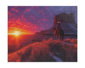 Sunset Cowboy Jigsaw Puzzle: Western Scene, Family Activity (110-1014 Piece Options)