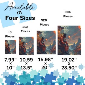 May include: Four different sizes of a jigsaw puzzle featuring a colorful illustration of an astronaut in a space suit sitting on a throne in a fantasy landscape. The puzzle sizes are 110 pieces, 252 pieces, 520 pieces, and 1014 pieces. The puzzle sizes are also listed in inches.