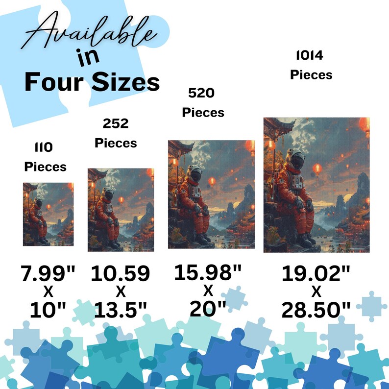 May include: Four different sizes of a jigsaw puzzle featuring a colorful illustration of an astronaut in a space suit sitting on a throne in a fantasy landscape. The puzzle sizes are 110 pieces, 252 pieces, 520 pieces, and 1014 pieces. The puzzle sizes are also listed in inches.