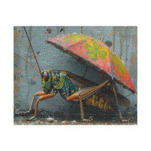 May include: A colorful grasshopper with a green, blue, and yellow body is holding a red, orange, and yellow umbrella with a clover design. The umbrella is protecting the grasshopper from the rain.