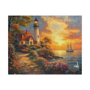 Lighthouse Sunset Jigsaw Puzzle: Coastal Cottage & Sailboat
