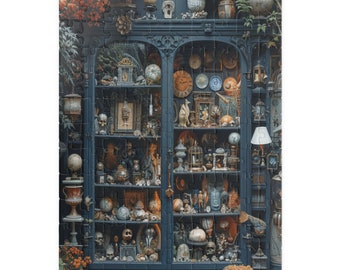 May include: A dark blue wooden cabinet with glass shelves filled with various antique and vintage items, including globes, skulls, lanterns, and other decorative objects.