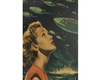 1950s Sci-Fi Jigsaw Puzzle: UFO Encounter, Retro Woman