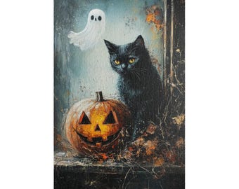 May include: A rectangular wall art print featuring a black cat with yellow eyes sitting next to an orange jack-o'-lantern. A small white ghost floats in the blue-toned background above the cat. The scene includes scattered autumn leaves.
