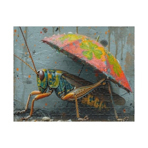 May include: A colorful jigsaw puzzle featuring a detailed illustration of a grasshopper sheltering under a vibrant umbrella. The grasshopper has blue, yellow, and orange tones, and the umbrella has a four-leaf clover design. The background is a textured gray wall.