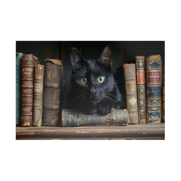 Library Cat Jigsaw Puzzle: Vintage Books & Black Cat Art