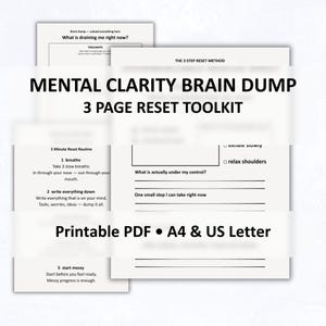 May include: A three-page printable PDF toolkit for mental clarity and a brain dump. The pages include prompts for identifying thoughts, a 5-minute reset routine, and space to write down tasks and worries. Includes A4 and US Letter sizes.