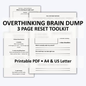May include: A three-page printable PDF toolkit titled "Overthinking Brain Dump." The pages feature prompts for self-reflection, including questions about draining thoughts and a 5-minute reset routine. The toolkit is available in A4 and US Letter sizes.