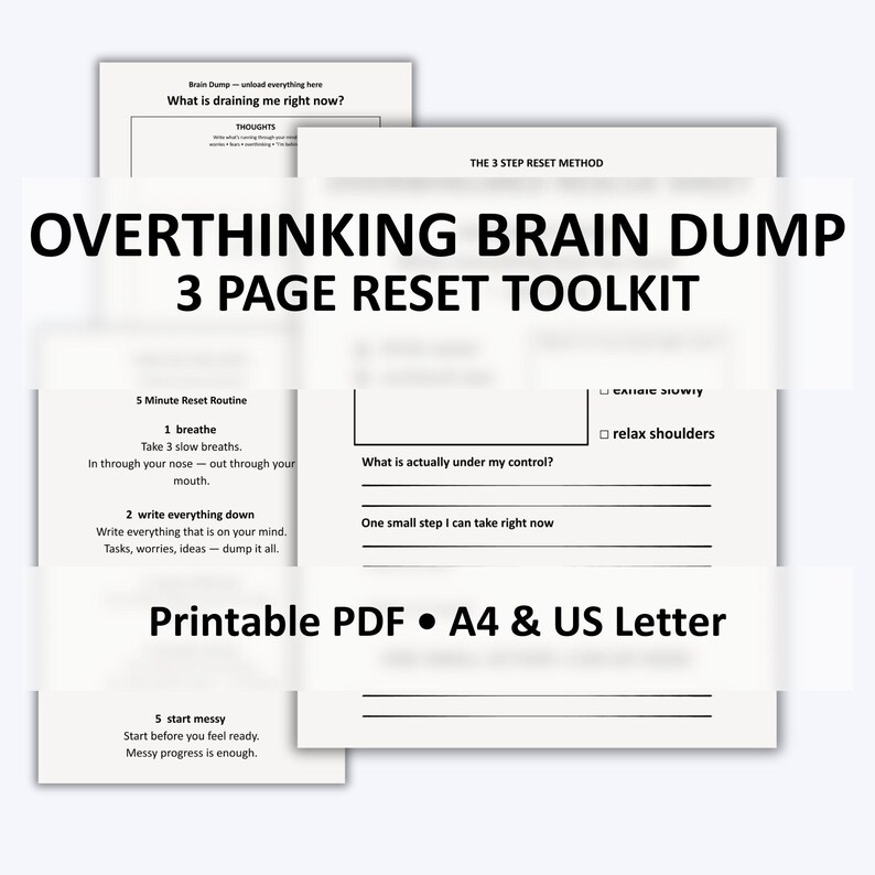 Overthinking Brain Dump Worksheet, Stop Racing Thoughts, Mental Reset ...