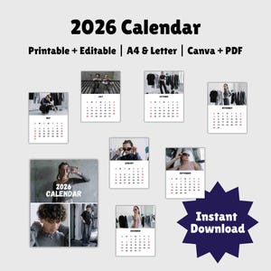 2026 Calendar Printable, Editable Monthly Planner, PDF Canva Template