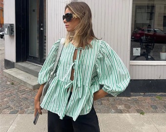 Delle donne di Modo Della Stampa Lace Up Manica A Soffio T Shirt Elegante Casual Allentato Girocollo Magliette E Camicette 2024 Primavera Nuova Femmina Pendolari streetwear