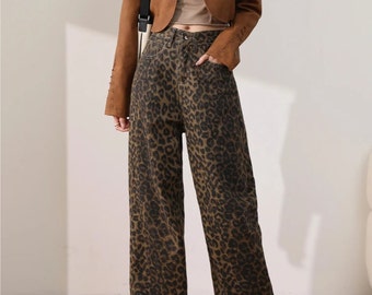 Vintage Leopard Jeans Women Print High Waisted Leg Wide Denim Trousers New Streetwear Fashion Retro Casual Y2k Baggy Jeans 2024