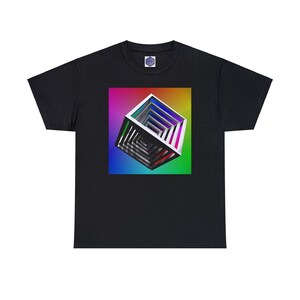 May include: Black t-shirt with a colorful graphic of a 3D cube with a rainbow gradient background.