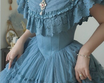 Victoriaanse jurk historische jurk in blauw kant