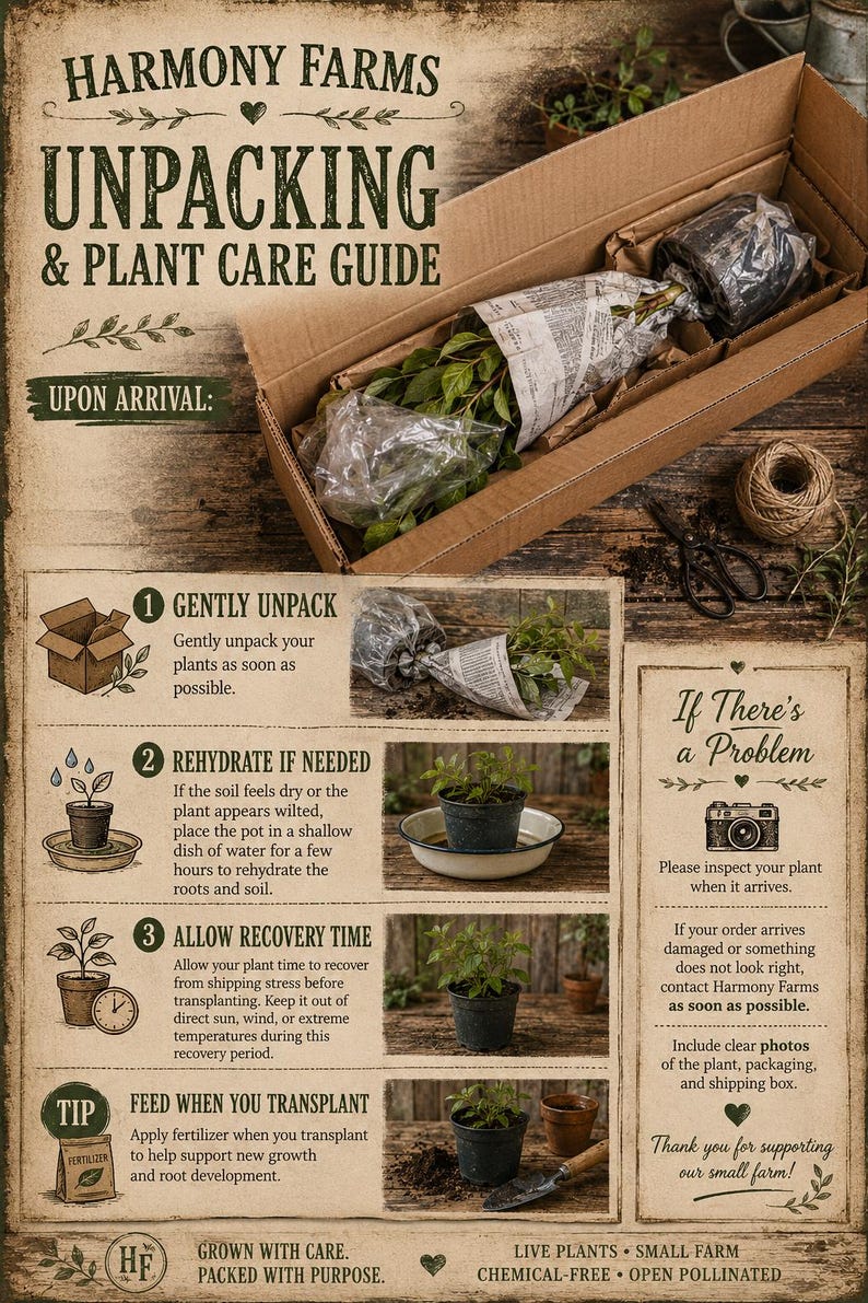 May include: A Harmony Farms plant care guide featuring a cardboard shipping box with a live plant wrapped in newspaper, alongside instructional steps for unpacking, rehydrating, and transplanting, plus a section for reporting plant damage.