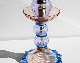 Vintage Murano Glass Table Lamp, Pink and Blue Handblown Venetian Flower Lamp, Sculptural Italian Bedside Light