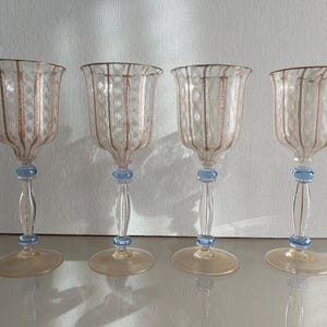Set of 4 Murano Glass Goblets, Zanfirico Filigree Venetian Wine Glasses, Aventurina Gold Stemware, Vintage Italian Glassware