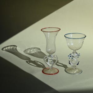 Pair of Mini Vintage Murano Glass Goblets, Red and Blue Rim Cordial Glasses, Venetian Hand Blown Art Glass Stemware