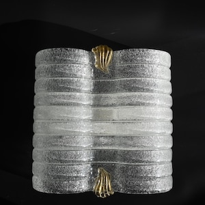 Può includere: Una lampada da parete rettangolare con un pannello in vetro trasparente testurizzato con creste orizzontali. Il vetro ha una superficie ondulata ed è fissato da due clip decorative in metallo dorato a forma di conchiglia al centro.
