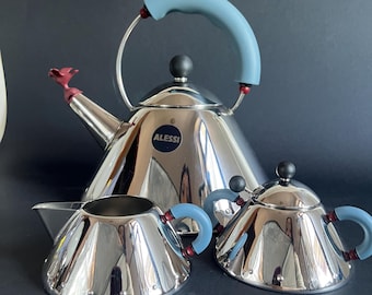 Alessi 9093 Stainless Steel Kettle Set – Includes Sugar Bowl & Creamer – Iconic Italian Design by Michael Graves