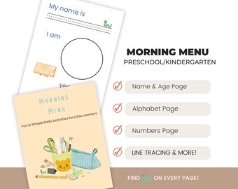 幼稚園の朝のメニュー（印刷可能）｜ホームスクールの毎日のバインダーページ｜カレンダー、天気、アルファベット、図形のワークシート