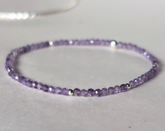 Amethyst Bracelet-AAA natural Amethyst faceted 2mm round beaded bracelet-sterling silver beads-boho-bohemian-minimalist stretch elastic