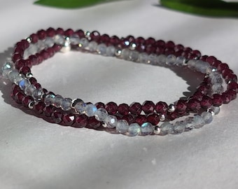 Garnet Bracelet- All-Natural Faceted AAA Purple Garnet Beaded Gemstone Elastic Stretch Bracelet- Round beads- Boho-Minimalist