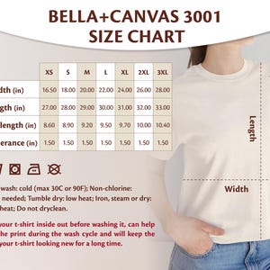 Peut inclure: Tableau des tailles pour les t-shirts Bella+Canvas 3001, avec des mesures en pouces pour la largeur, la longueur et la longueur des manches, de XS &agrave; 3XL. Instructions de lavage et conseil pour prot&eacute;ger l'impression.