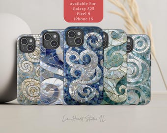Coque de portable en mosaïque de coquillages : imprimé nacre bleue