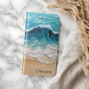 Custom Name Wallet Flip Phone Case Ocean Personalized Folio Cover iPhone 16 Pro Max Folding Faux Leather Phone Case Beach Oil Painting s22