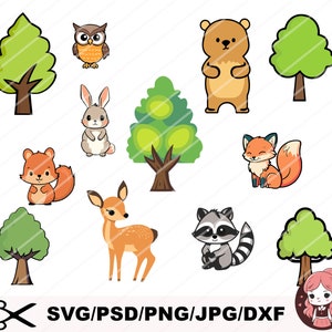 Animaux de la forêt SVG, fichier de coupe, lot, superposition, ours Svg, renard, renne, anniversaire, lapin, mignon, feuille, feuilles, clipart, silhouette, téléchargement immédiat_BD4