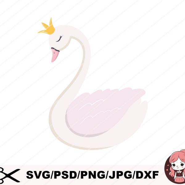 Cygne, princesse, couronne, enfants, téléchargement immédiat, SVG, transfert de T-shirt, Silhouette, Cricut, vecteur, clipart, sticker, carte de voeux, fichier de coupe