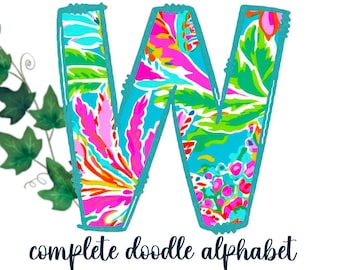 Lily Preppy Doodle Letters, Doodle Alphabet, Font, PNG, Clipart, Sublimation, Palm Beach, Flowers, Tropical