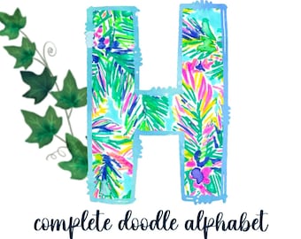 Doodle Letters, Doodle Alphabet, Font, PNG, Clipart, Sublimation, Palm Beach, Preppy, Tropical, Island,