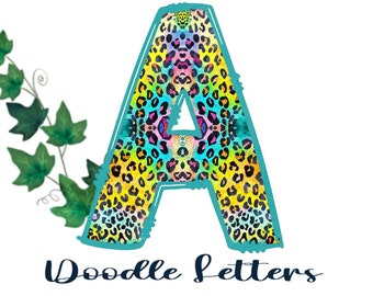 Doodle Letters, Doodle Alphabet, Font, PNG, Clipart, Sublimation, Leopard Print, Rainbow, Preppy,Preppy Stuff,