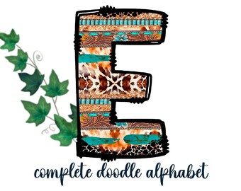 Doodle Letters, Doodle Alphabet, Font, PNG, Clipart, Sublimation,  Turquoise, Cow Print, Southwestern, Cowgirl, Rustic, Western, Rodeo,