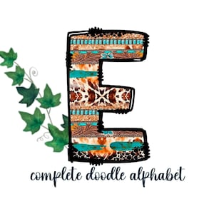 Letras Doodle, Alfabeto Doodle, Fonte, PNG, Clipart, Sublimação, Turquesa, Impressão de Vaca, Sudoeste, Cowgirl, Rústico, Ocidental, Rodeio,