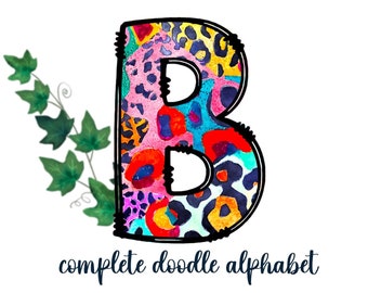 Doodle Letters, Doodle Alphabet, Font, PNG, Clipart, Sublimation, Leopard Print, Rainbow, Preppy,