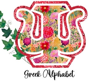 Puede incluir: Un diseño de la letra griega Psi lleno de flores rojas, rosas y moradas, con un contorno brillante rojo. El texto "Greek Alphabet" está escrito en cursiva debajo, con hiedra verde en el lado izquierdo.