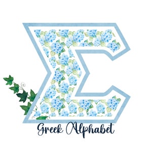 May include: A blue and white Greek letter Sigma with a floral pattern. The letter is outlined in blue and the floral pattern is made up of blue flowers and green leaves. The text "Greek Alphabet" is written below the letter.