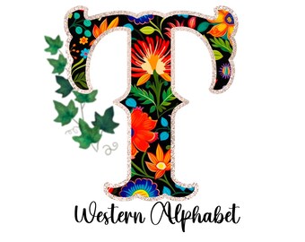Mexican Flowers Western Font, Western Letters, Alphabet, PNG, Sublimation, Cowgirl, Rustic,Serape, Preppy Stuff,
