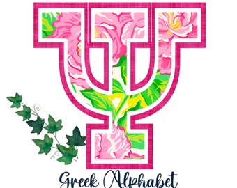 Puede incluir: Un diseño floral rosa y verde dentro de un contorno rosa de la letra griega Psi. El texto "Greek Alphabet" está escrito debajo de la letra.