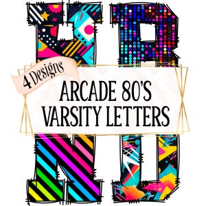 Lettres universitaires de Doodle, alphabet, police, sublimation, PNG, clipart, rétro des années 80, arc-en-ciel lumineux, art abstrait,