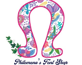 Puede incluir: Una letra "O" rosa con un diseño floral sobre fondo blanco y un contorno rosa. La letra está decorada con flores y hojas de colores. El texto "Philomena's Font Shop" está escrito en azul debajo de la letra.