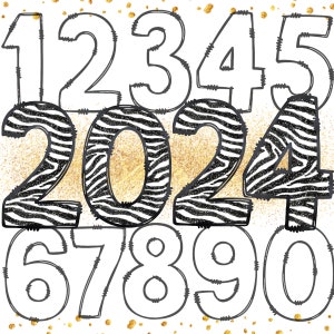 May include: Black and white zebra print numbers 2024 with white outline numbers 1, 2, 3, 4, 5, 6, 7, 8, 9, and 0 on a white background with gold glitter.